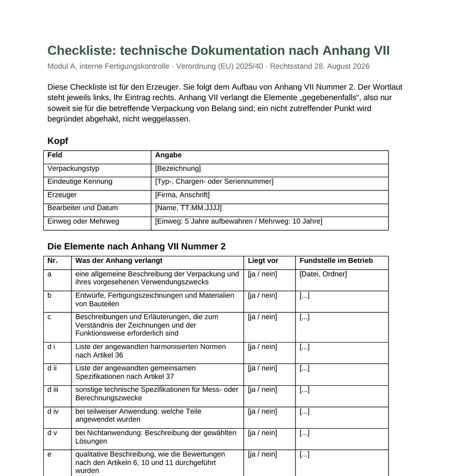 Erste Seite der Checkliste zur technischen Dokumentation nach Anhang VII