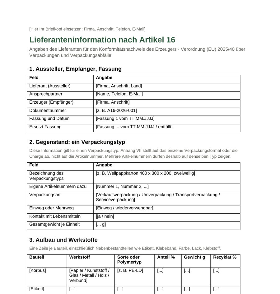 Erste Seite der Vorlage für die Lieferanteninformation nach Artikel 16